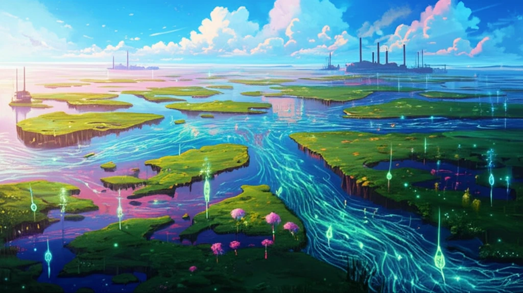 Microscopic phytoplankton in a river estuary indicating water quality and ecosystem health.