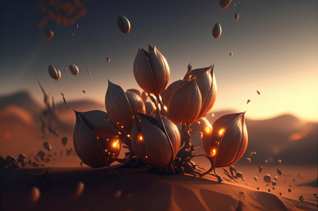 Glowing Retama reatam seeds in the North African desert, symbolizing health and wellness.