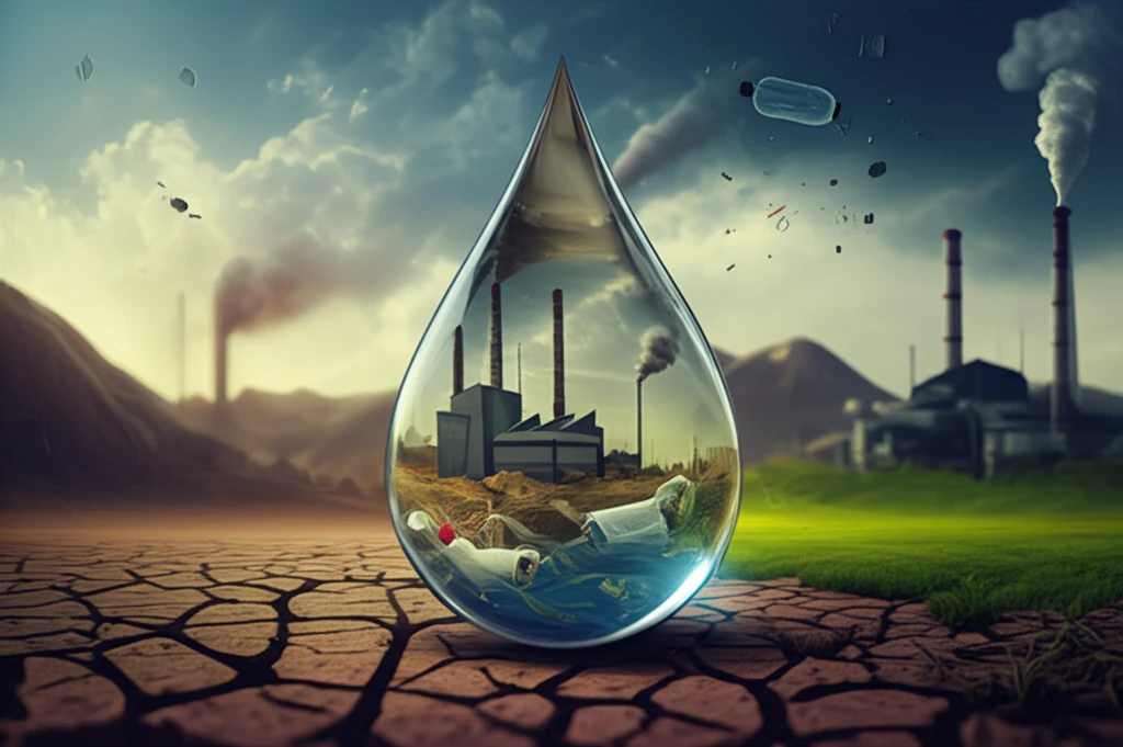 Surreal illustration of a water droplet reflecting pollution and purification.