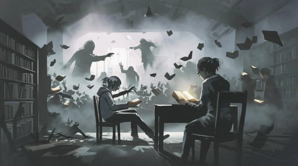 Ghostly figures emerging from a battlefield towards readers, symbolizing literature, loss, and meaning.