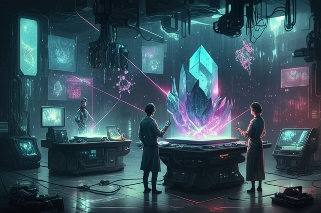 Futuristic lab with scientists working on glowing perovskite crystals and laser beams.