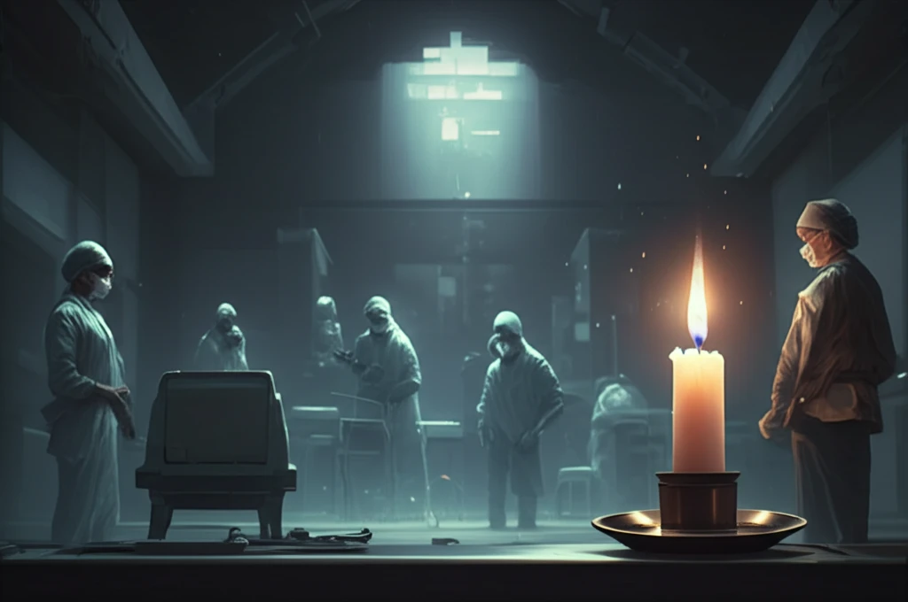 A solitary candle burns in a darkened chapel, symbolizing hope and remembrance within the medical community.