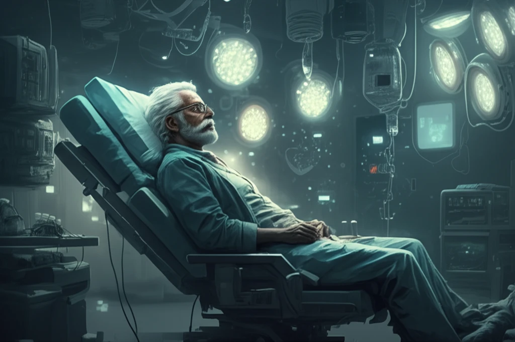 Elderly patient receiving gentle anesthesia in a futuristic operating room