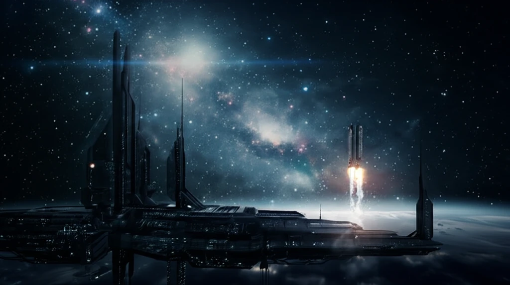 Futuristic spaceport on Earth with spacecraft launching into a nebula-filled cosmos.