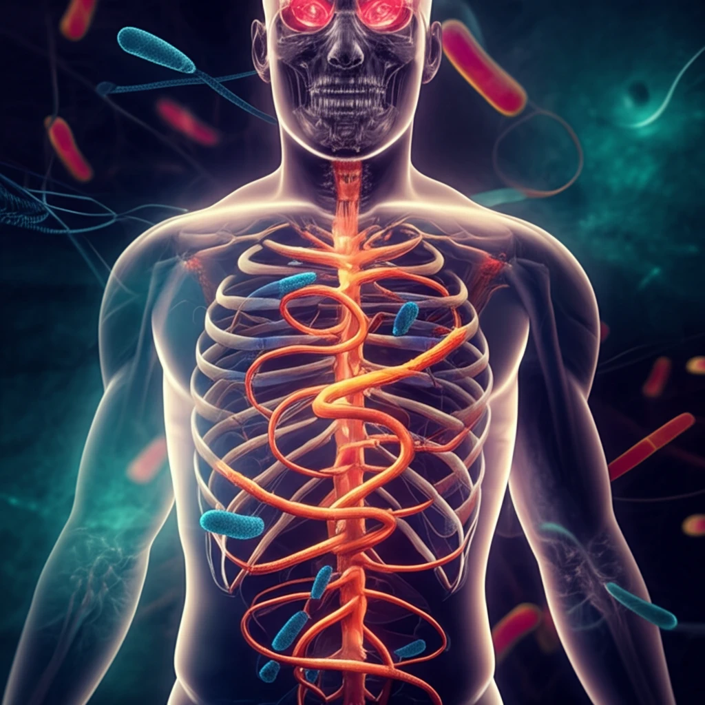 Surreal illustration of the gut-brain axis and the role of bacteria in multiple sclerosis.