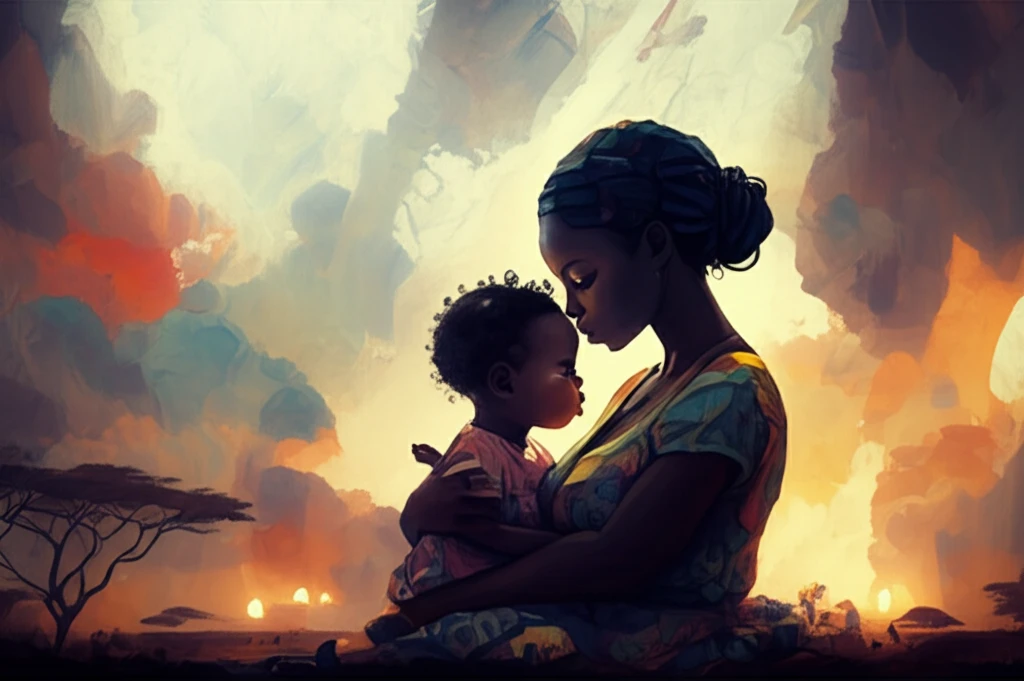 Mother and child silhouette in Africa, with healthcare symbols