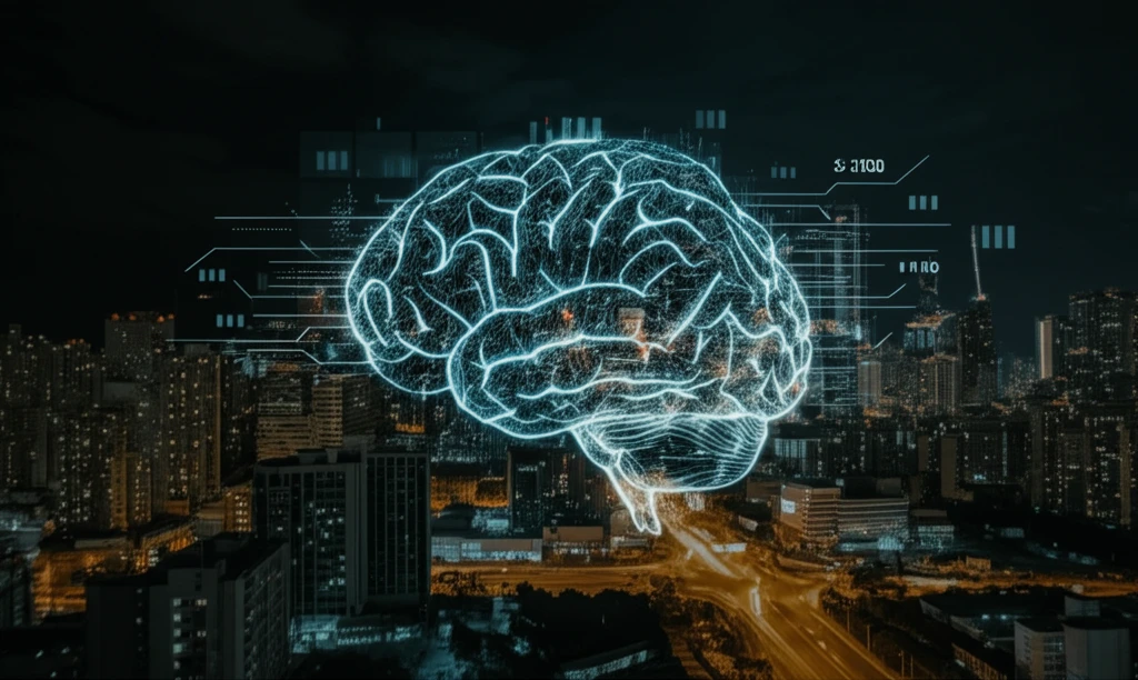 Glowing brain silhouette over an Asian cityscape, symbolizing stroke biomarker research in Asian populations.