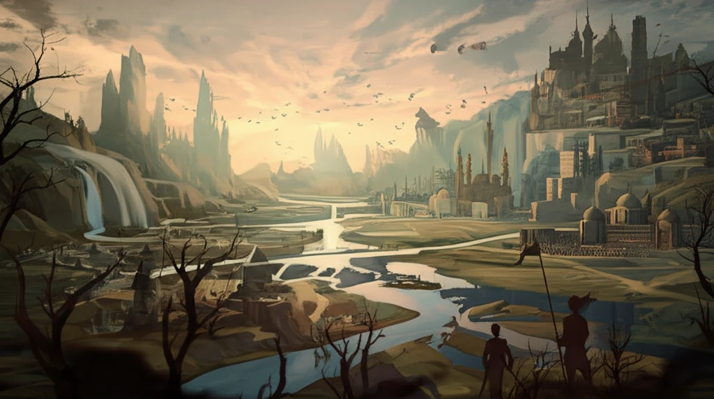 A surreal landscape blending historical eras of India.