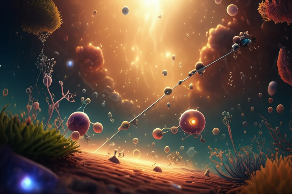 Microscopic view of sunlight interacting with organic molecules and chemical probes in an aquatic environment.