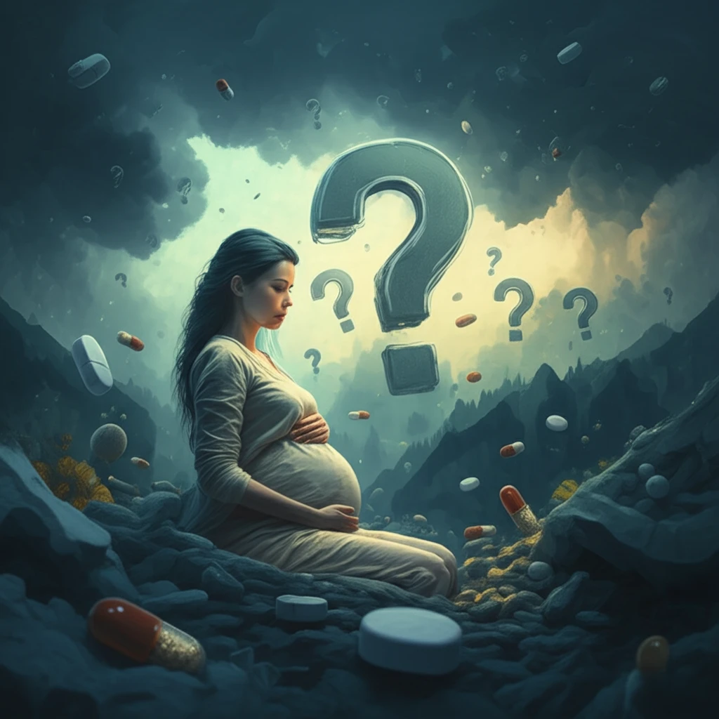 Pregnant woman surrounded by pills and question marks, representing medication safety concerns.