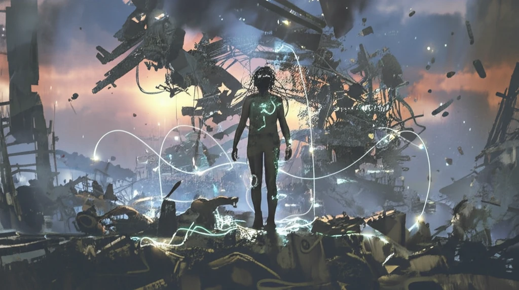 Interconnected wearable sensors amidst a disaster landscape.