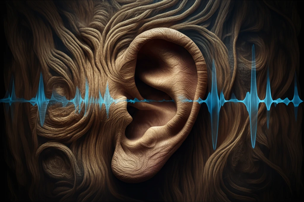 Surreal image of carpet threads forming an ear, symbolizing hearing protection for carpet workers.
