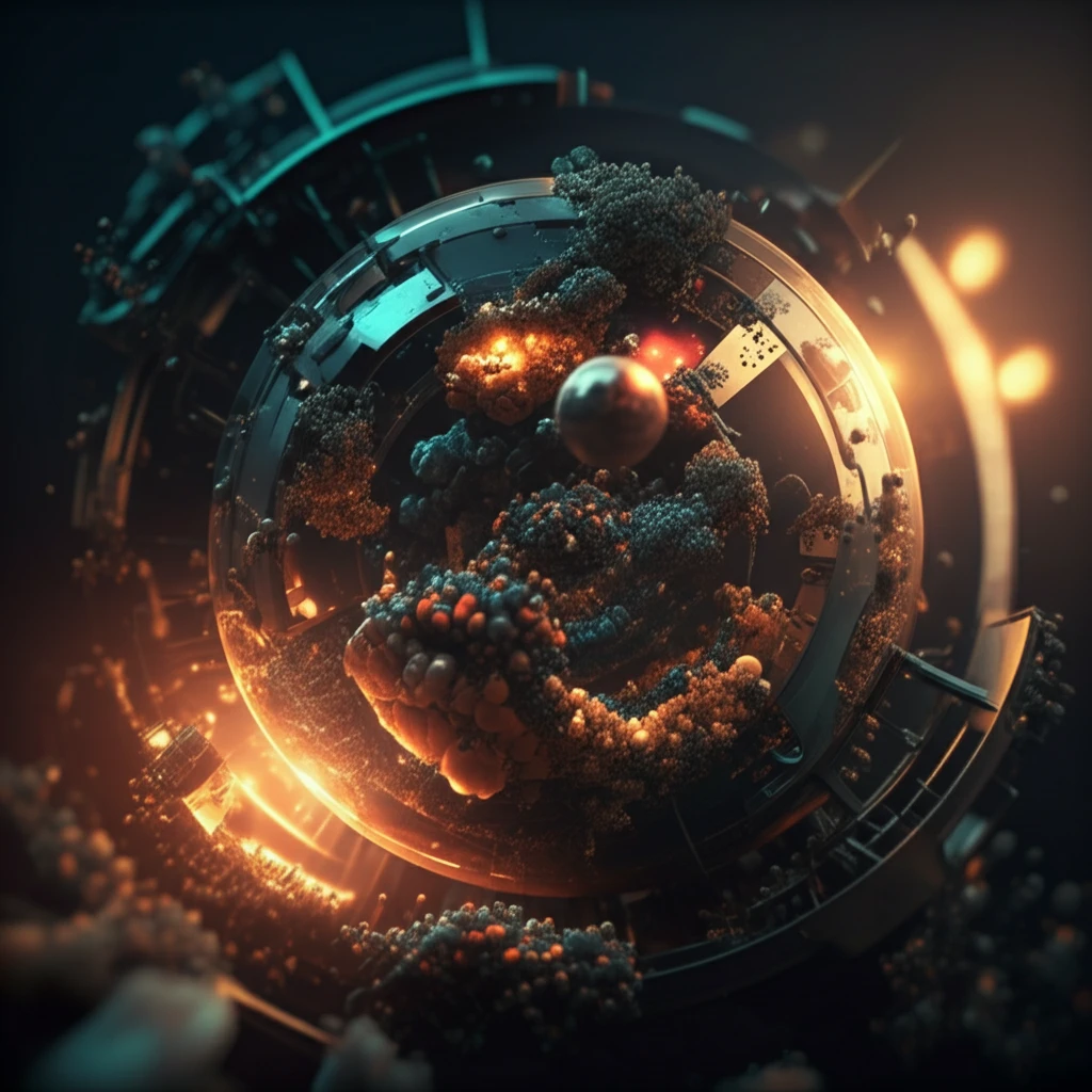 Microscopic metal particles colliding inside a ball mill, creating a nanocomposite material.