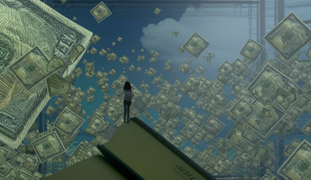 Teacher on conveyor belt of money representing education and economy.