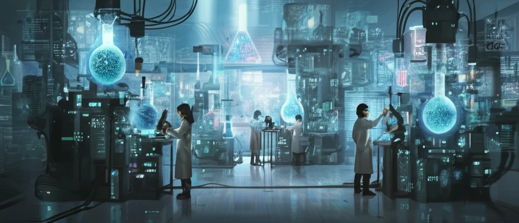 Futuristic laboratory with scientists collaborating on groundbreaking research