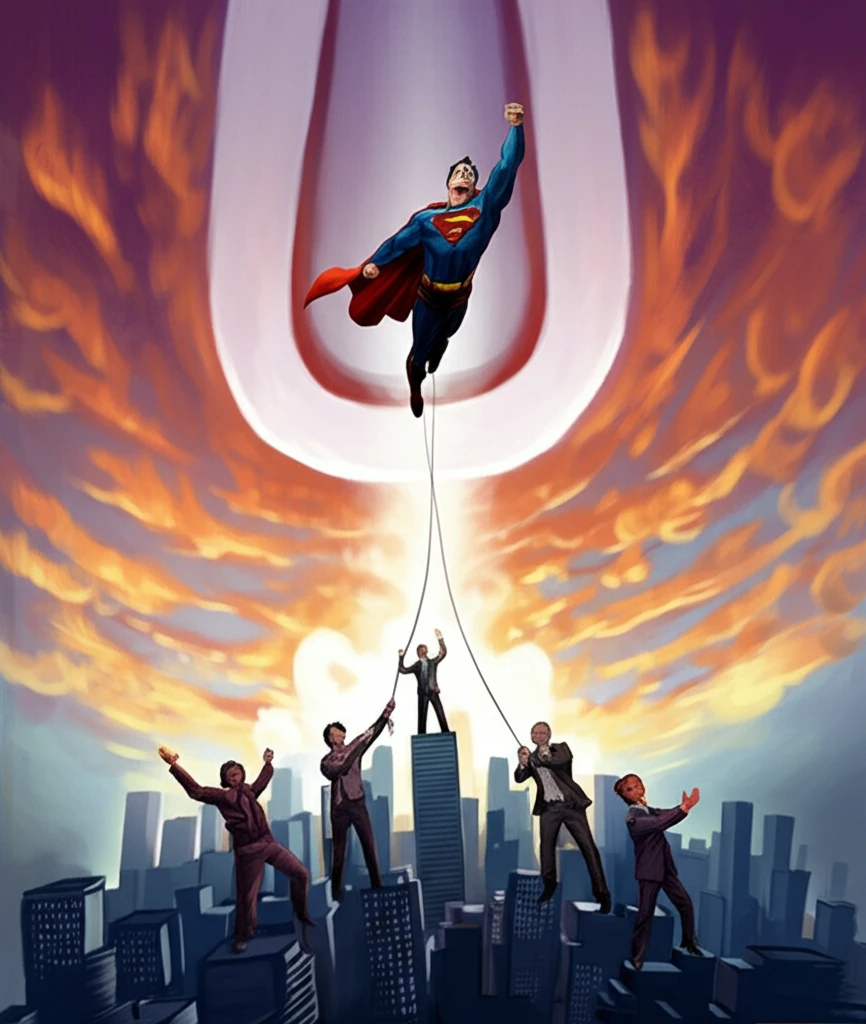 Surreal illustration depicting the 'Superman Effect' on workplace performance.