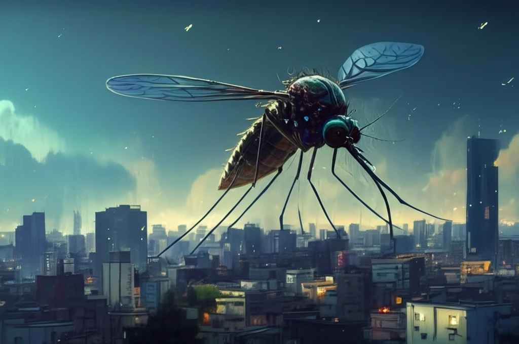 Surreal illustration of a giant mosquito over a cityscape, symbolizing vector-borne diseases.
