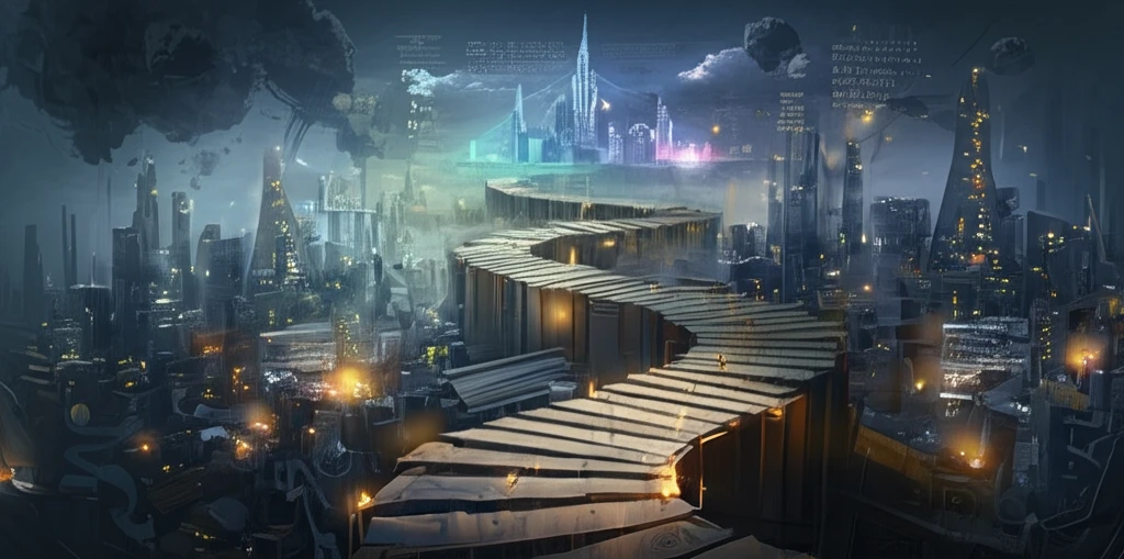 A path through ancient books leading to a modern cityscape, symbolizing the evolution of Judaism.