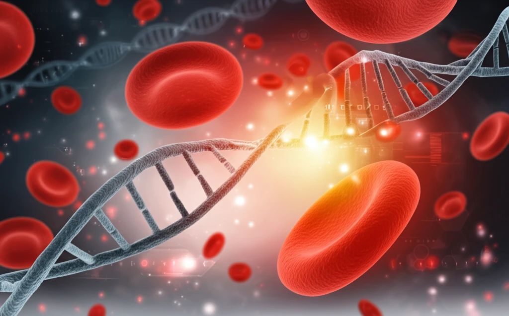 DNA strands interwoven in blood cell.