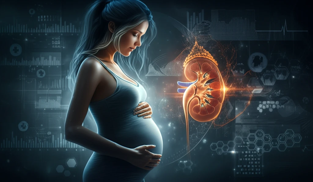 Surreal illustration of a pregnant woman protected by a glowing kidney, representing the balance between pregnancy and kidney health.