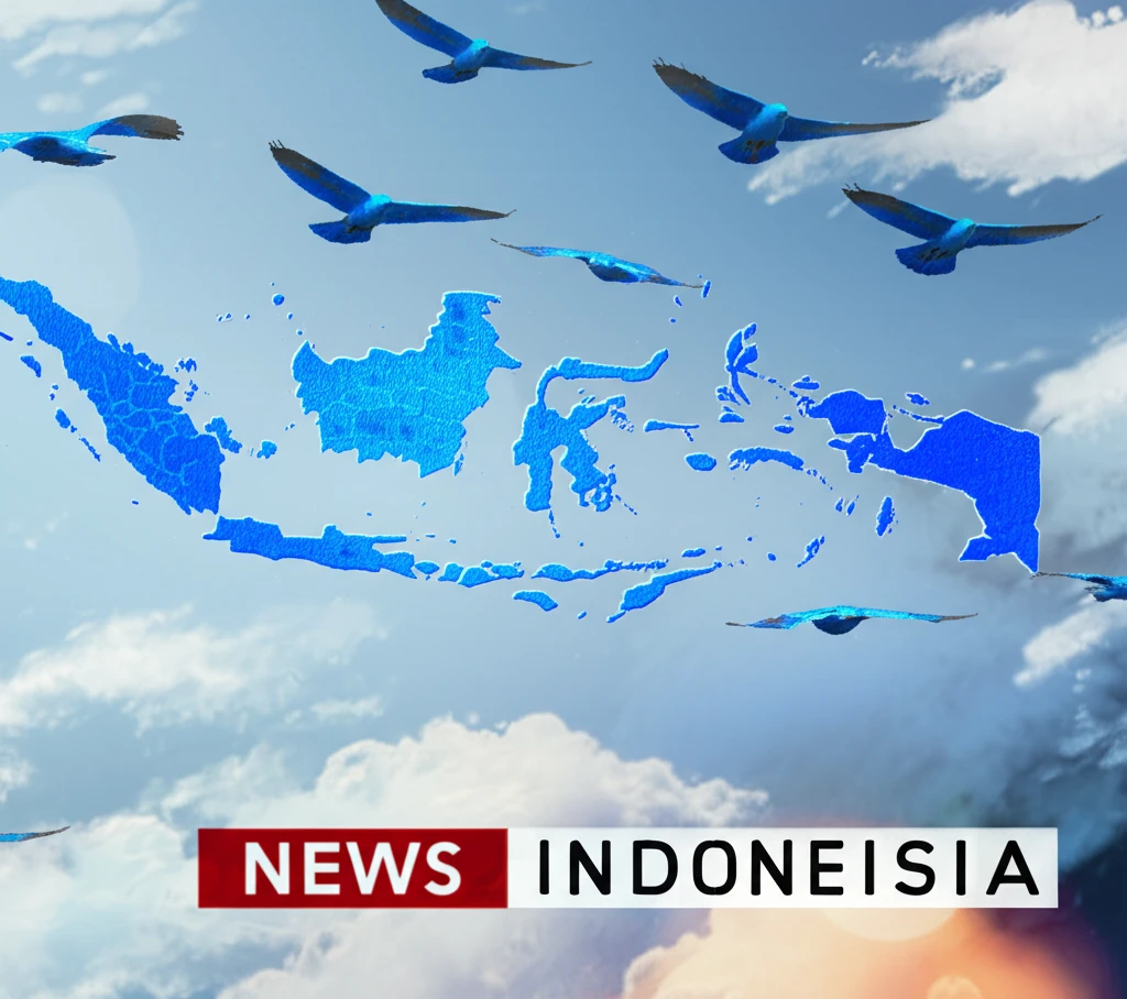 Digital illustration of blue birds over Indonesia with news text overlay, symbolizing AI-driven tweet classification.