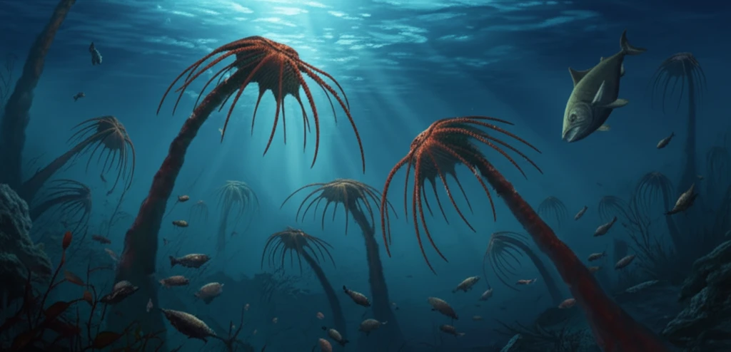 Surreal illustration of ancient crinoids with regenerating spines in a prehistoric ocean.