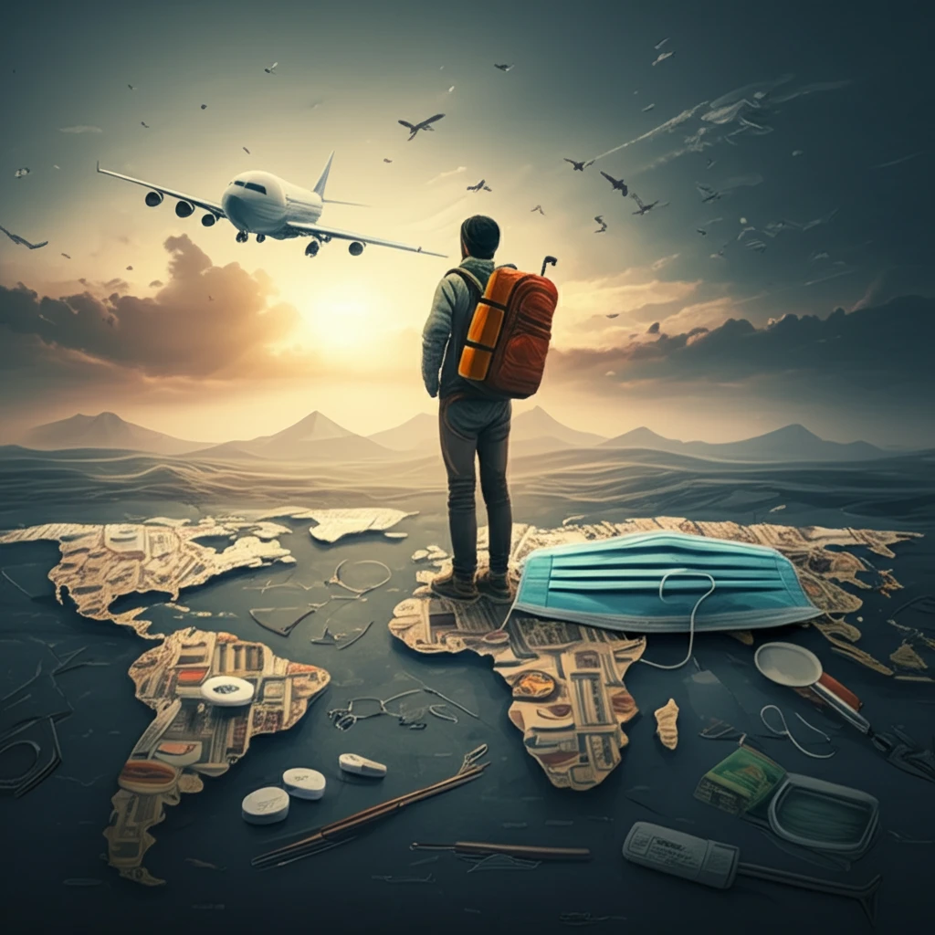 Traveler standing on a world map made of medical supplies.