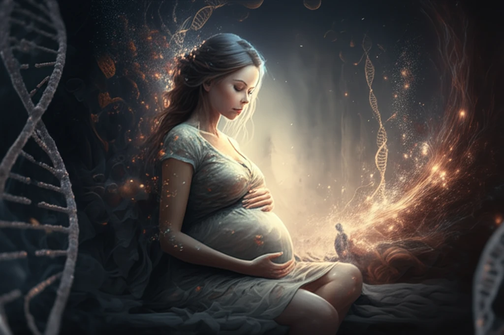 Glowing DNA strands surrounding a pregnant woman, symbolizing prenatal genetic testing.