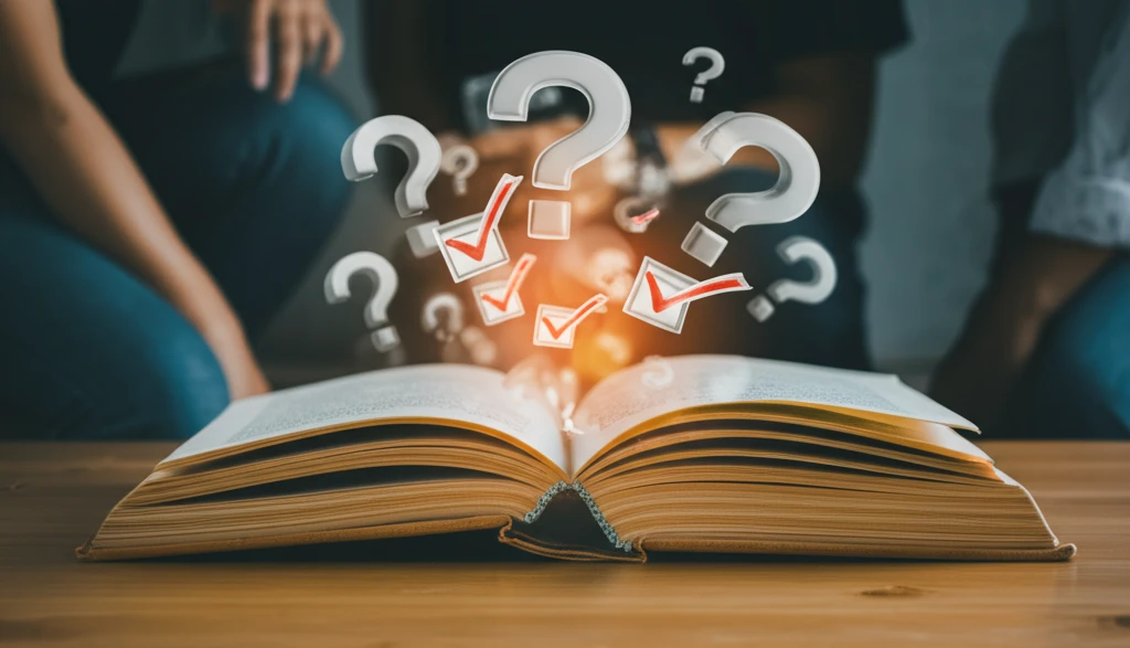 Open book with floating multiple-choice questions, symbolizing learning assessment