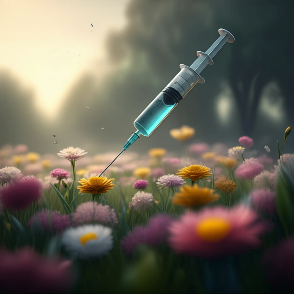 Surreal illustration of a hypodermic needle and flowers, symbolizing painless injections.