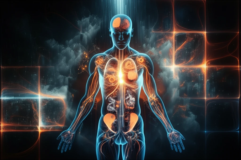 Surreal illustration of metabolic processes represented by gears and pathways within a human body.