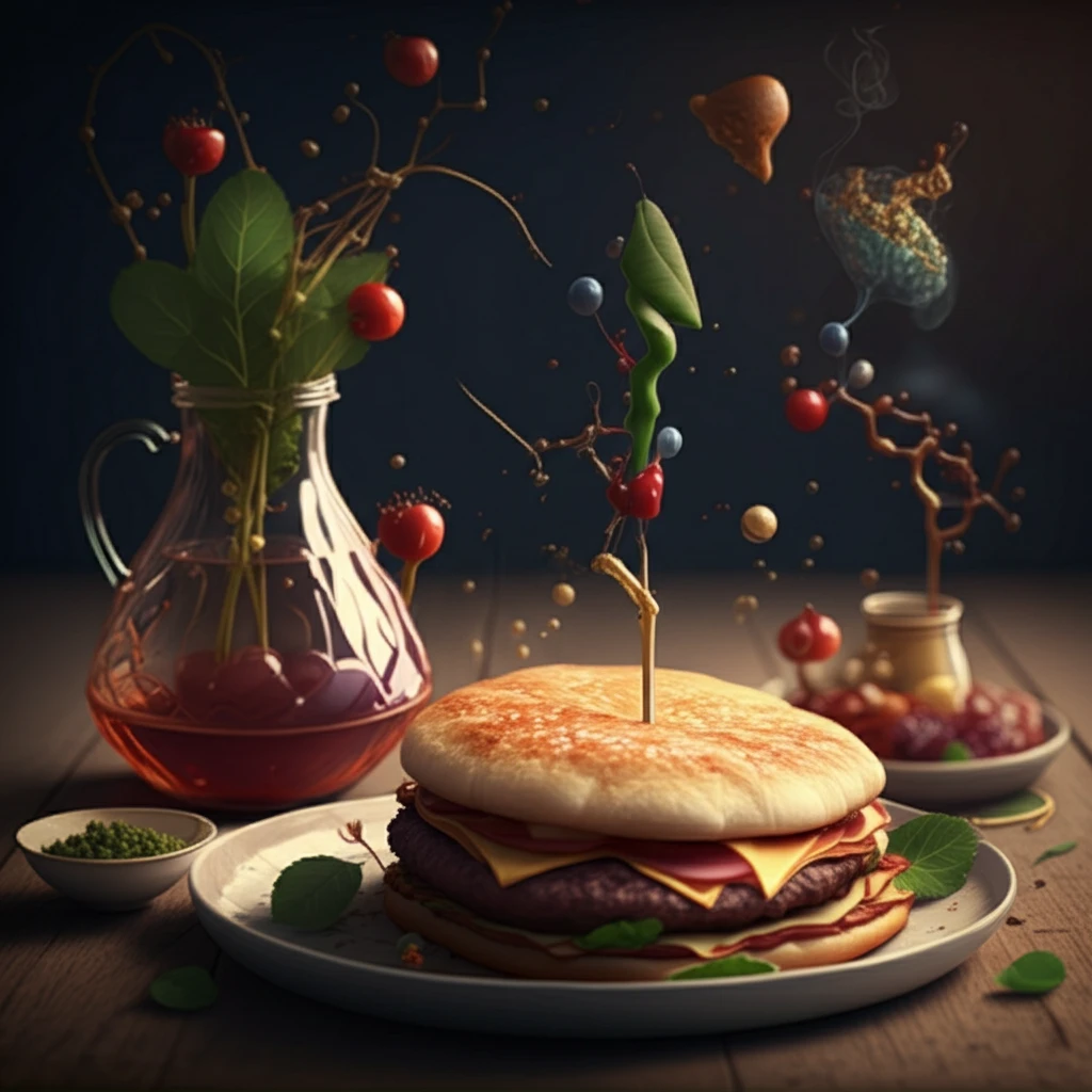 Surreal illustration of the Maillard reaction transforming into delicious food.