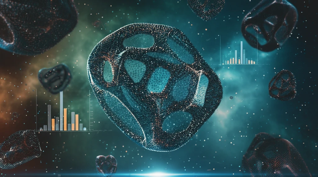 Abstract topological shapes formed by data points, floating in a cosmic space with persistence diagrams as constellations.