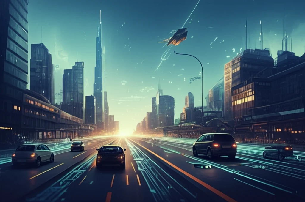 Connected vehicles on a smart road exchanging data, symbolizing the future of transportation.