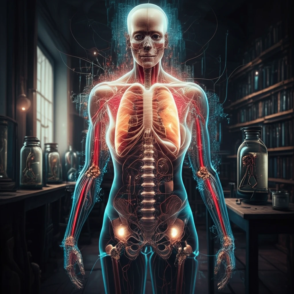 Futuristic digital anatomy illustration blending classic laboratory with glowing human body.