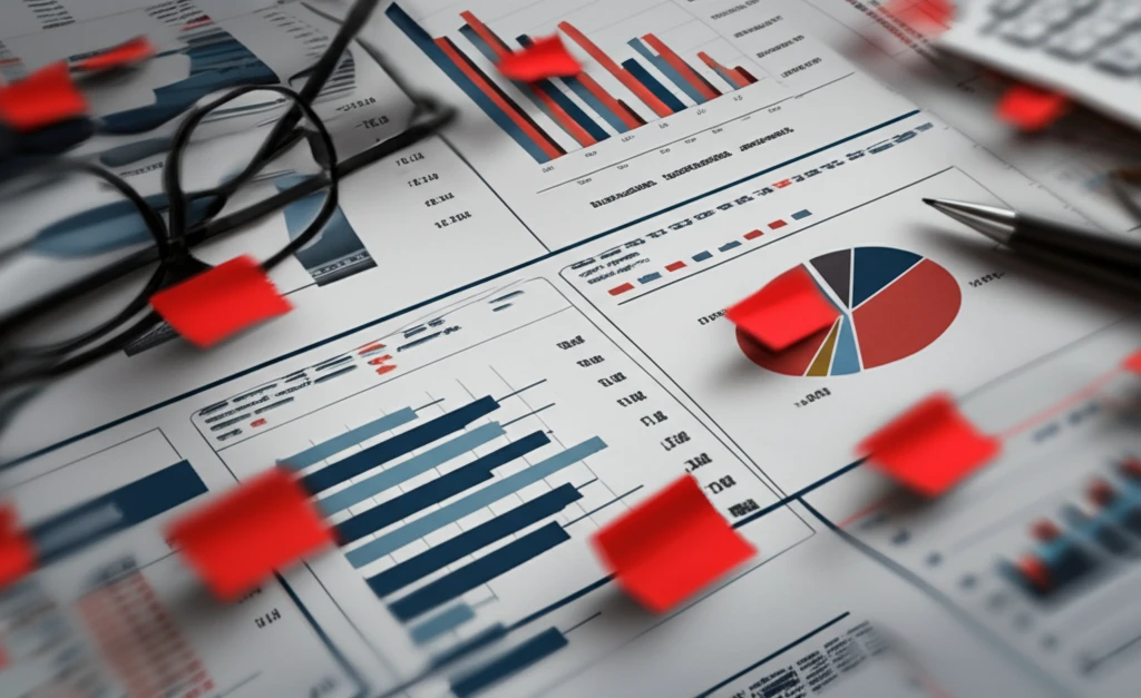 Digital illustration of a financial report with prominent red flags.