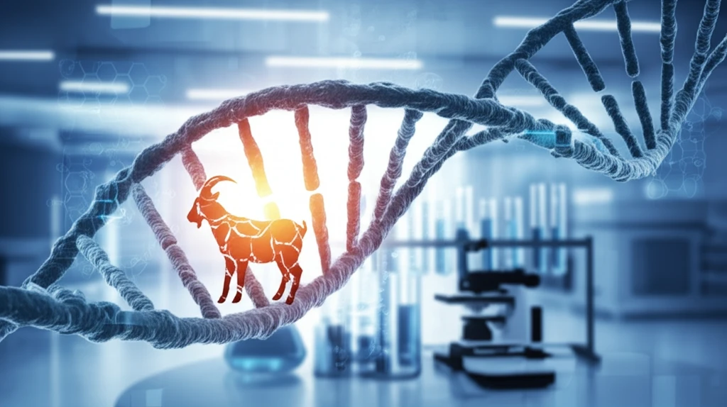 DNA strand intertwined with a goat silhouette, symbolizing meat authenticity detection