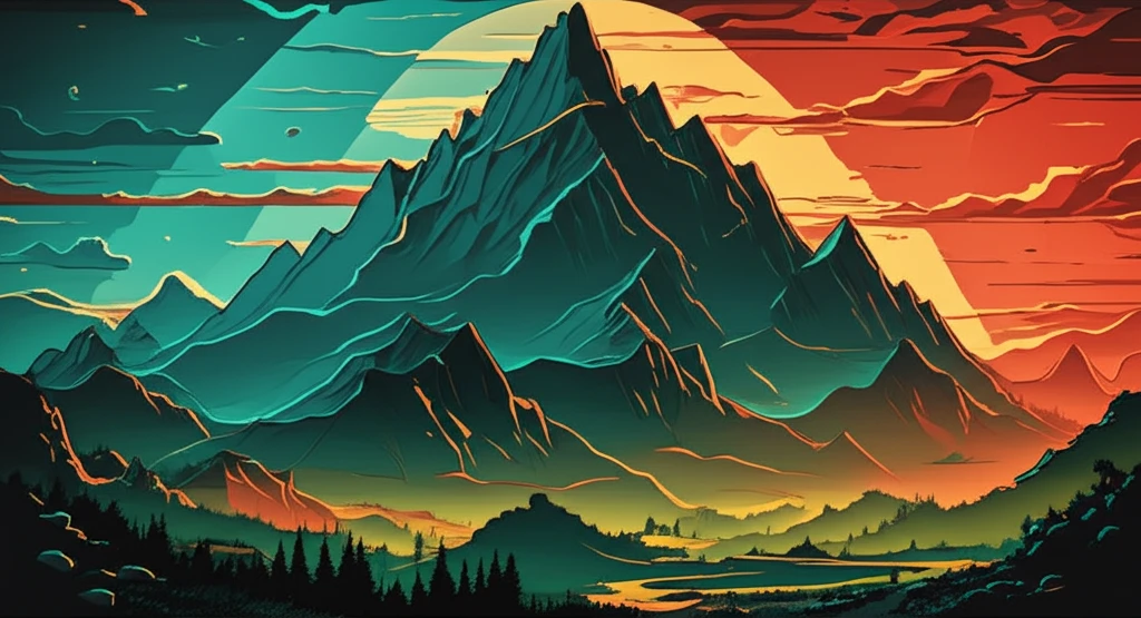 Surreal illustration of a stock chart forming a mountain landscape, symbolizing market trends.