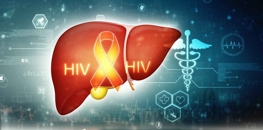 Surreal illustration of a liver intertwined with an HIV ribbon, symbolizing the challenges of treating liver cancer in HIV-positive individuals.