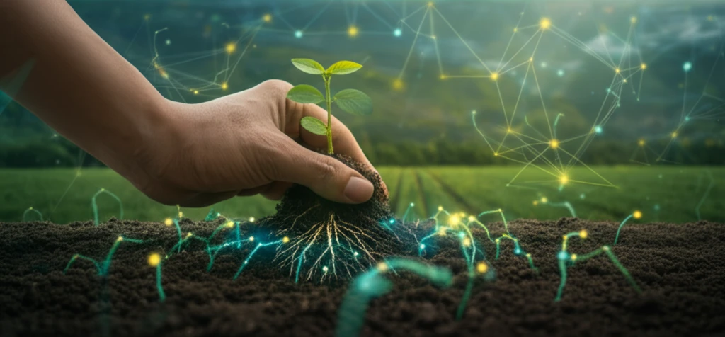 Hand holding seedling with fertilizer web.