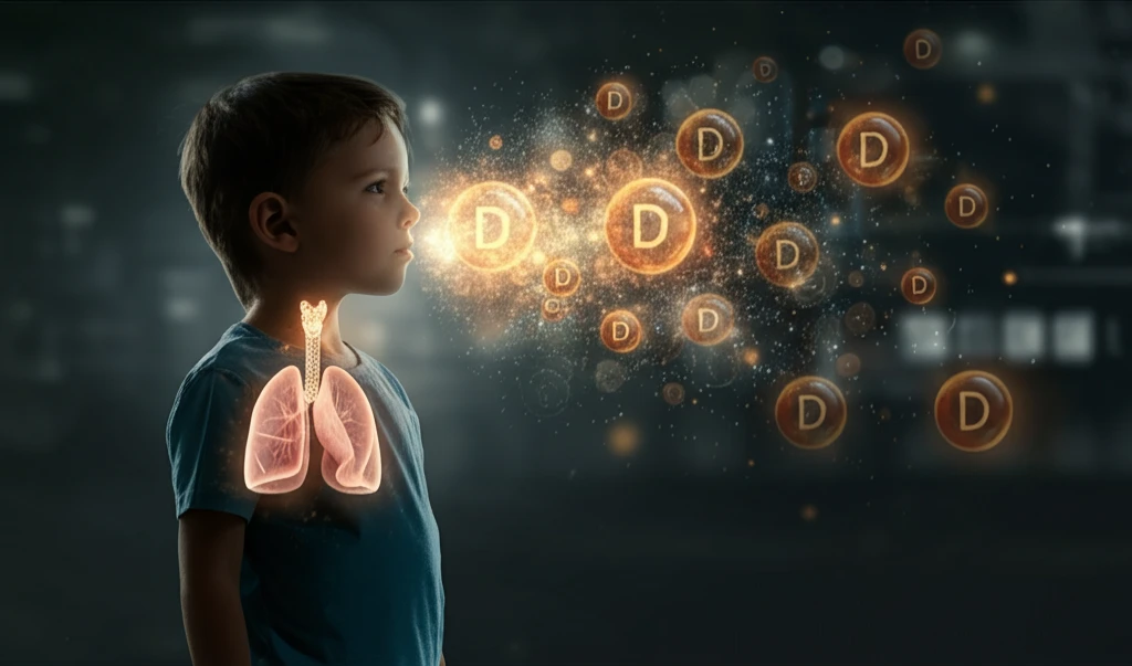 Illustration of a child with healthy lungs, surrounded by vitamin D molecules.