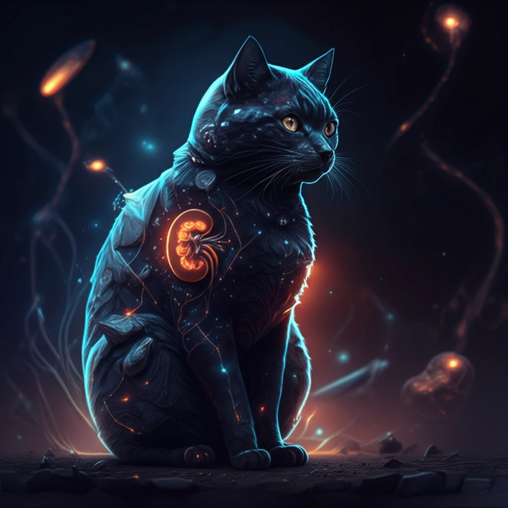 Surreal digital illustration of a cat silhouette with microRNA constellations highlighting the kidneys.