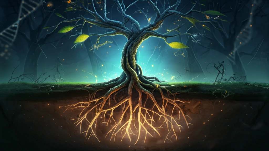Intertwined plant roots with glowing DNA strands representing AOX genes, symbolizing plant resilience.
