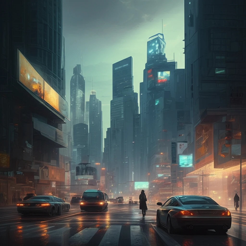 Futuristic cityscape with interconnected autonomous vehicles.