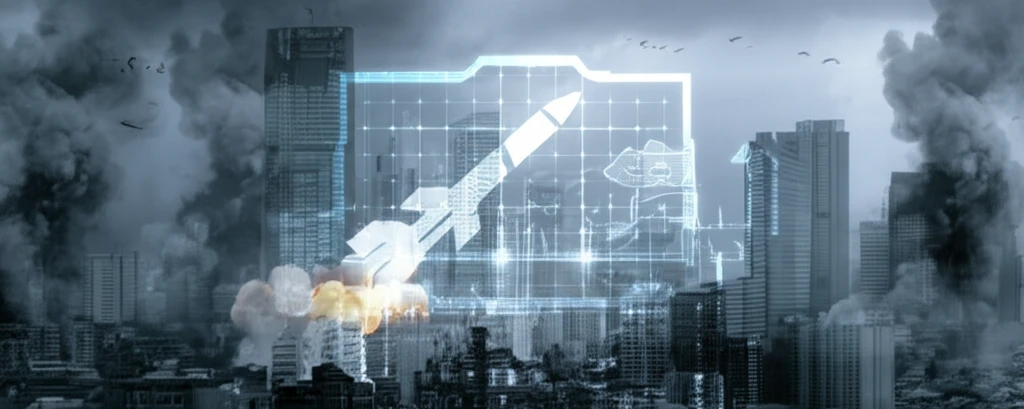 Cityscape with targeting grid overlay representing precision airstrikes.