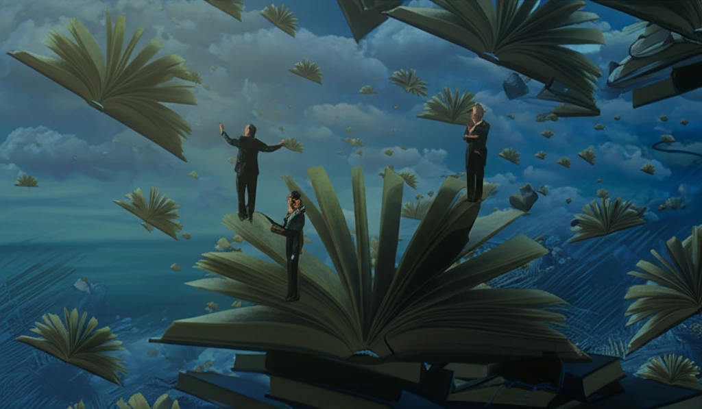 Surreal illustration of books transforming into learning landscapes, symbolizing Ron Carter's impact on English education.