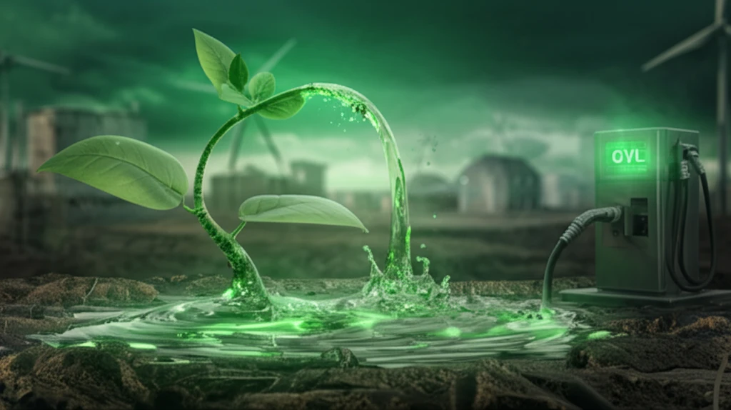 GVL flowing from a plant into a fuel tank, symbolizing renewable energy replacing fossil fuels.
