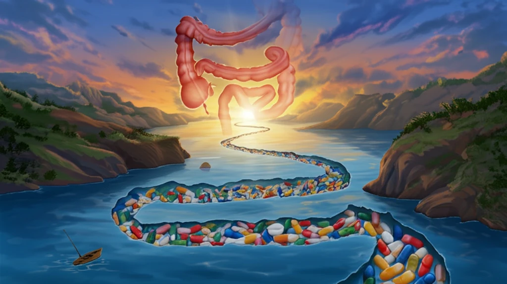 Surreal illustration of a river transforming from a GI tract, symbolizing anticoagulant reversal.
