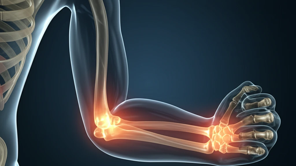 Surreal illustration of a child's elbow fracture with both X-ray and MRI visualization.