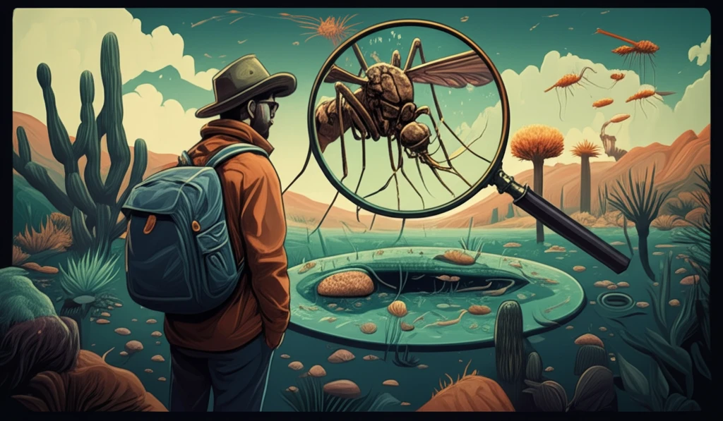 Traveler examining malaria parasites with magnifying glass